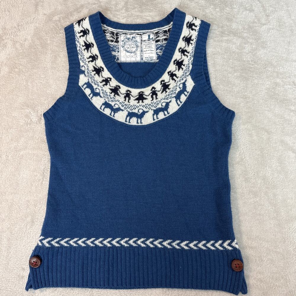 Trovata Sweater Vest Blue Cashmere Blend Scoop Neck Large Cottage Fisherman EUC